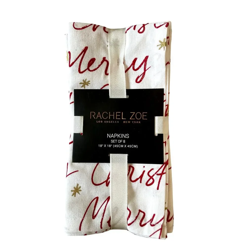 8pc Rachel Zoe Merry Christmas Script Cotton Napkins 18x18 Red Cream Holiday New
